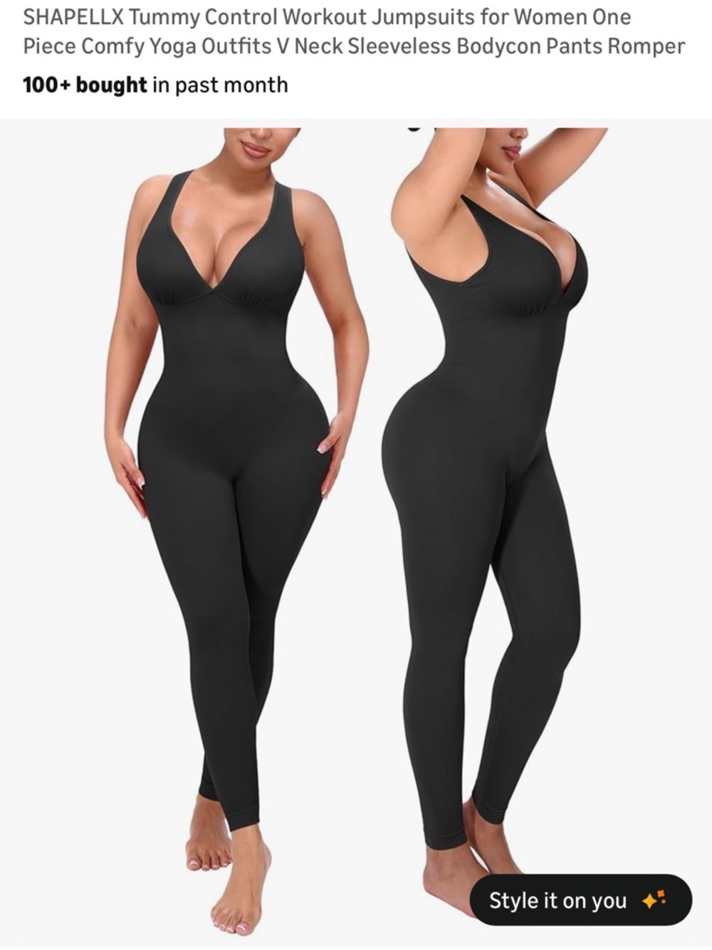 Shapellx Black Sleeveless V-Neck Shapewear Jumpsuit
